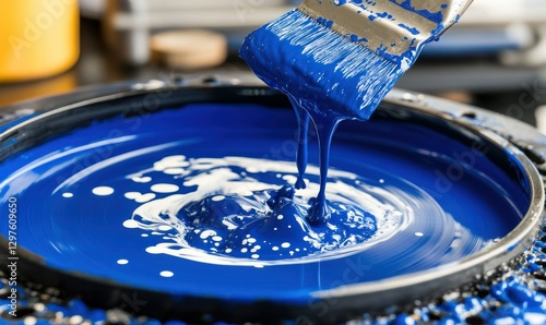 Vibrant Blue Paint Splash with Brush Dipping into a Bucket of Colorful Liquid Medium