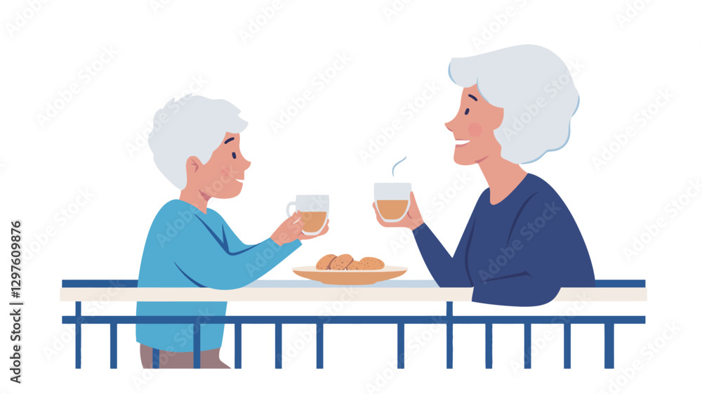 A vector illustration depicting two elderly individuals, a man and a woman with white hair, sitting at a small table on a balcony. They are holding cups and appear to be enjoying tea or a similar A vector illustration depicting two elderly individuals, a man and a woman with white hair, sitting at a small table on a balcony. They are holding cups and appear to be enjoying tea or a similar