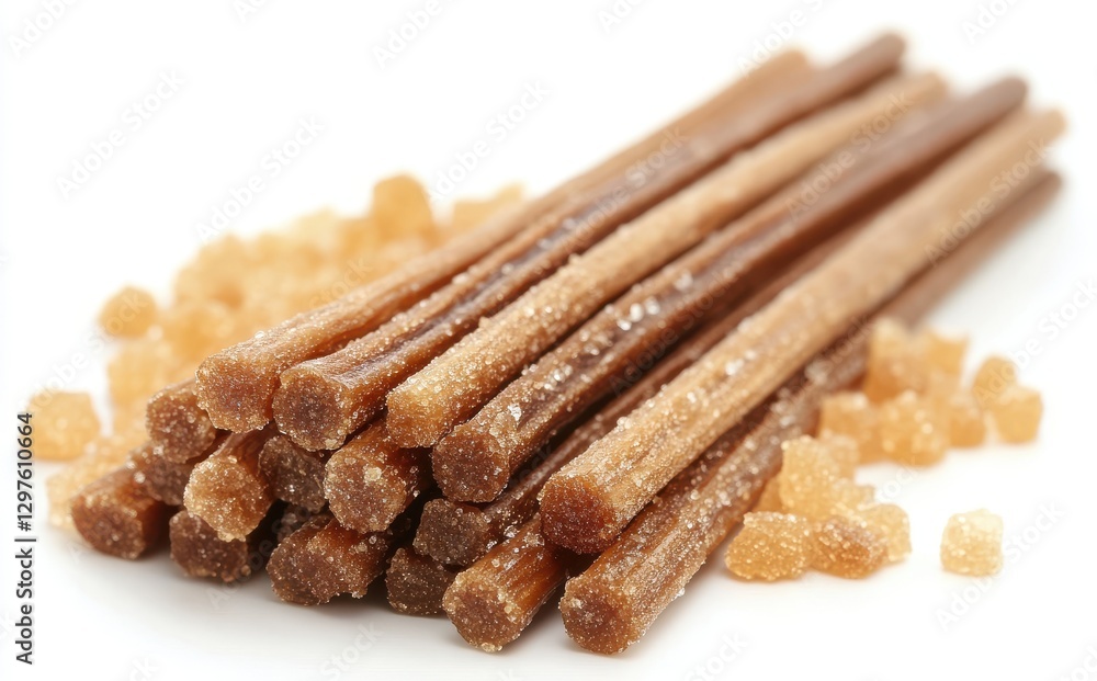 Brown sugar sticks piled on a white surface with granulated sugar scattered around, perfect for sweetening beverages or baking desserts creatively. Brown sugar sticks piled on a white surface with granulated sugar scattered around, perfect for sweetening beverages or baking desserts creatively.