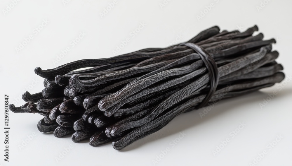 Bundle of Dark Natural Vanilla Pods Arranged Neatly on a Light Background for Culinary and Aromatic Use in Baking, Cooking, and Flavoring Bundle of Dark Natural Vanilla Pods Arranged Neatly on a Light Background for Culinary and Aromatic Use in Baking, Cooking, and Flavoring