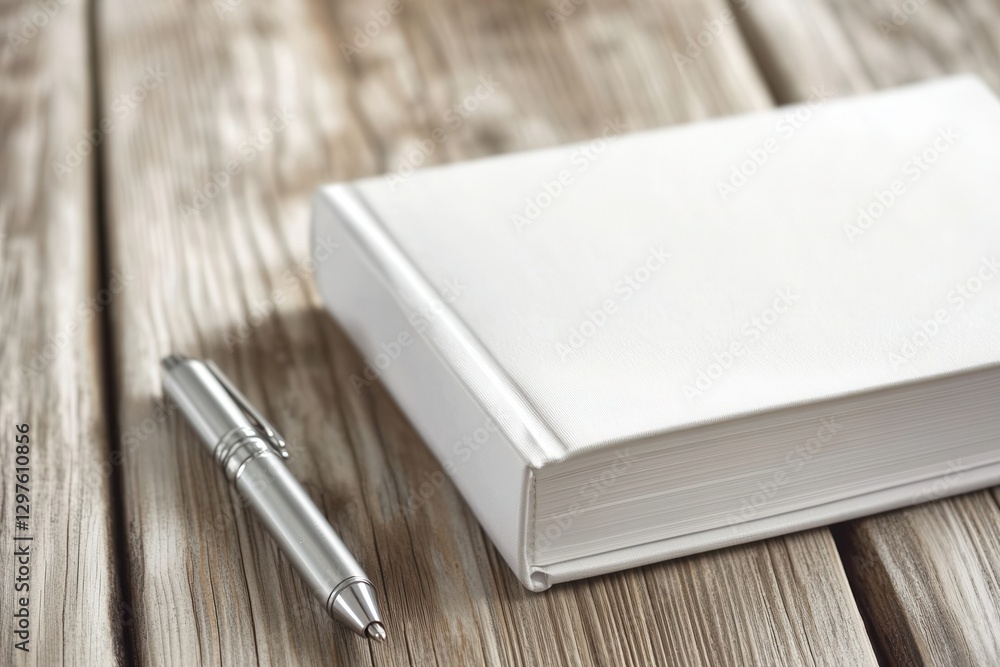 Naklejka premium White Notebook And Silver Pen On Wooden Surface