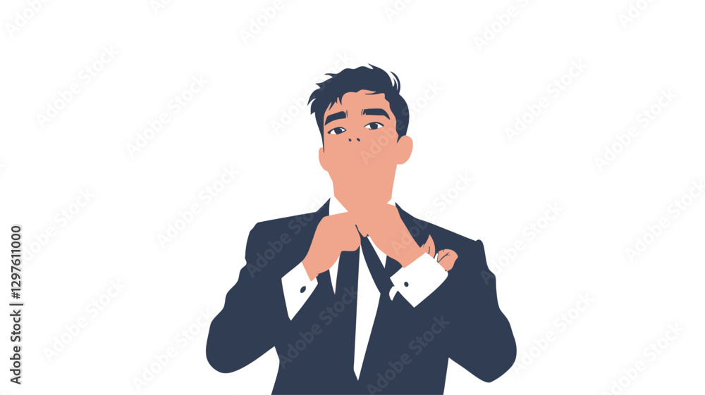 A stylized vector illustration depicting a man in a dark blue suit and white shirt adjusting his tie. The illustration is flat, minimalist, and features clean lines and simple color palettes. The A stylized vector illustration depicting a man in a dark blue suit and white shirt adjusting his tie. The illustration is flat, minimalist, and features clean lines and simple color palettes. The