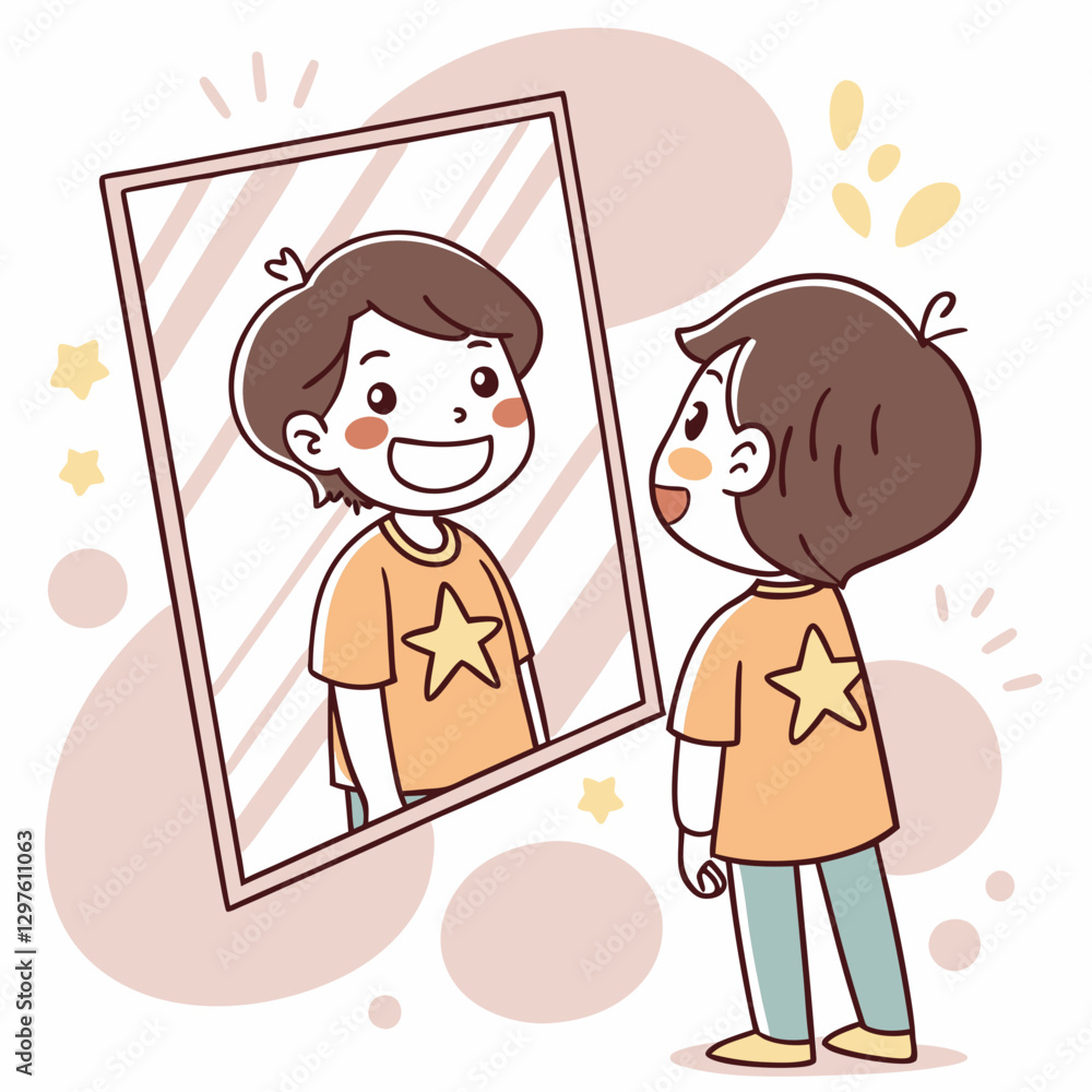 Cartoon Boy Gazing at His Cheerful Reflection in a Mirror, Cute Design Cartoon Boy Gazing at His Cheerful Reflection in a Mirror, Cute Design