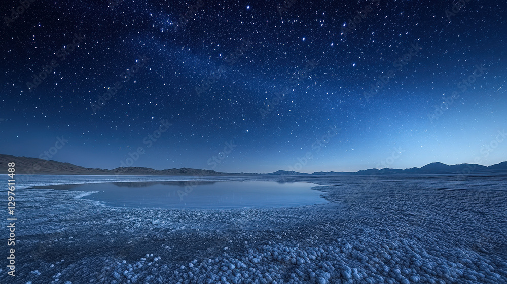 Fototapeta premium On winter nights, the ice and snow on the lake surface are illuminated by the starry sky and Milky Way