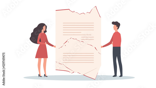 The image is a vector illustration depicting a man and a woman standing on either side of a large, torn document.  The document is shown in two parts, with a jagged tear down the middle. Both