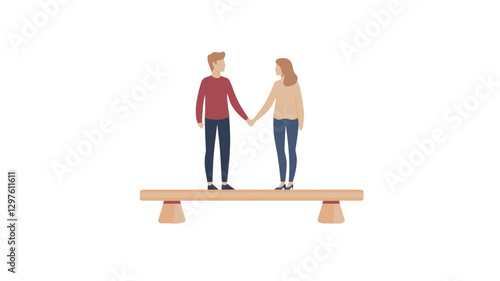 The image is a minimalist vector illustration depicting a man and a woman holding hands while standing on a simple, light brown balance beam against a white background. The figures are cartoon-like