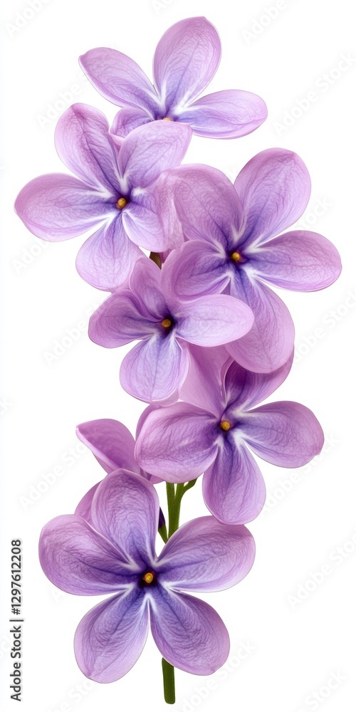 Close up of a delicate lilac blossom cluster, showcasing its light purple petals and subtle textures against a white background. The image is soft Close up of a delicate lilac blossom cluster, showcasing its light purple petals and subtle textures against a white background. The image is soft