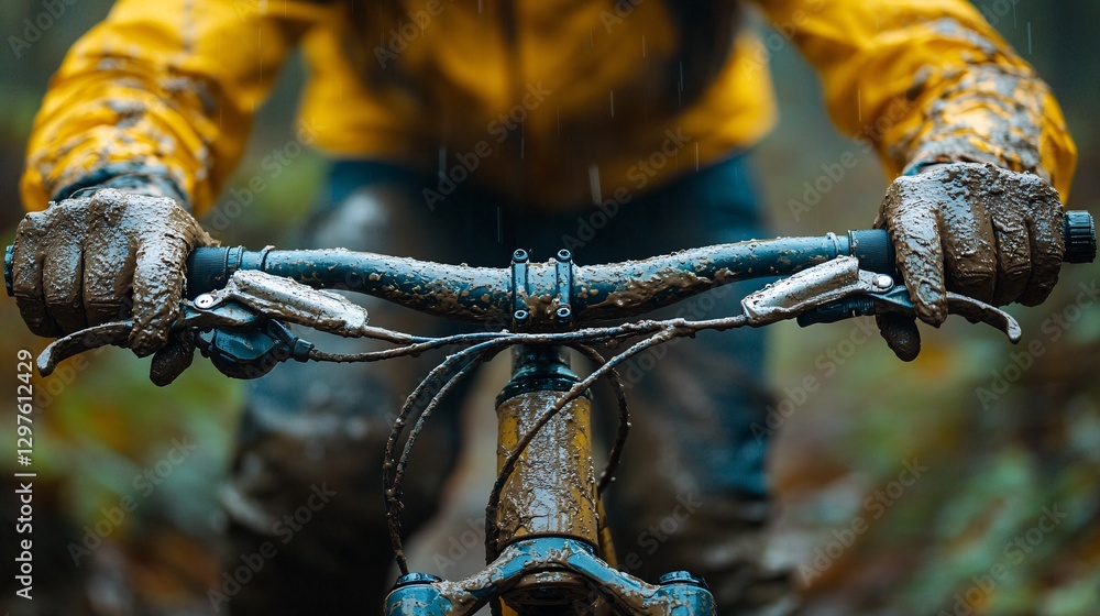 Obraz premium A muddy mountain bike rider gripping handlebars on a trail