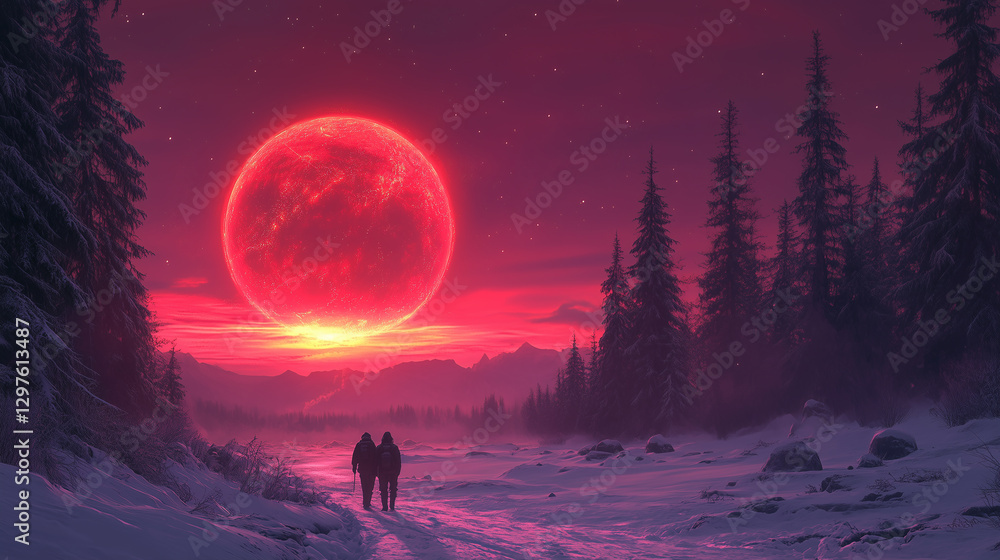Fototapeta premium Surreal Winter Landscape with a Majestic Alien Planet and Vibrant Sunset Sky 