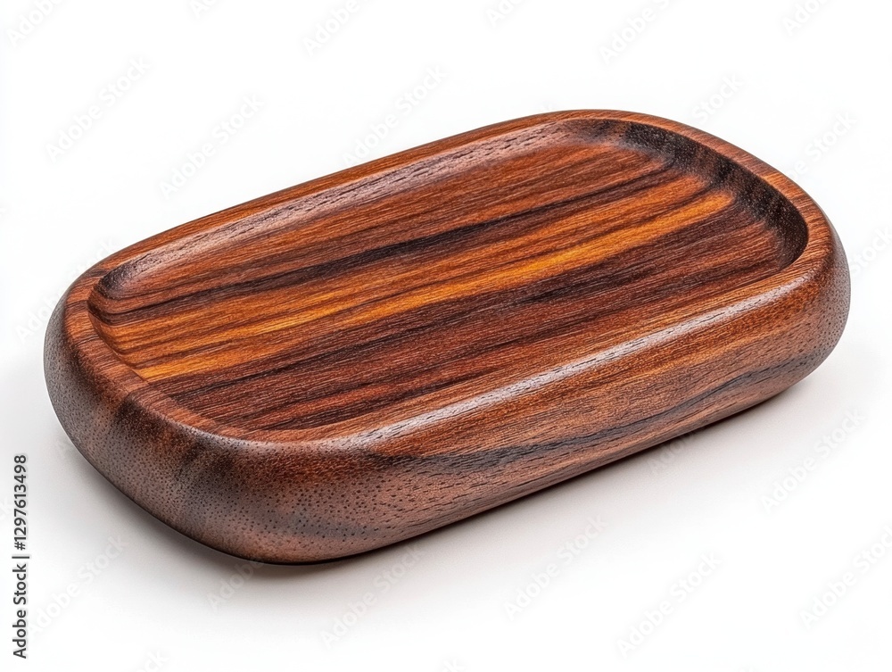 Dark brown wooden tray with rounded edges, showcasing rich wood grain, photographed against a plain white background. Natural lighting highlights the Dark brown wooden tray with rounded edges, showcasing rich wood grain, photographed against a plain white background. Natural lighting highlights the