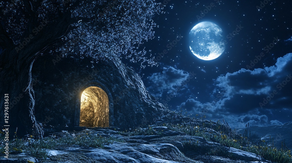 Fototapeta premium Mystical Moonlight Glowing Entrance to a Cave at Night