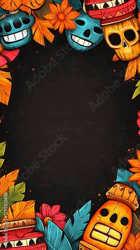 Festive skull border, tropical leaves, dark background, invitation