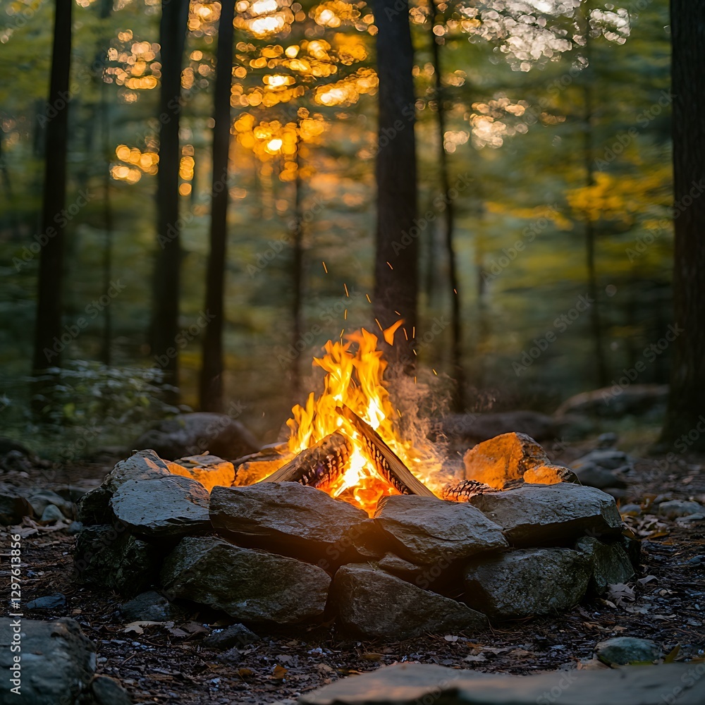Forest campfire at sunset Forest campfire at sunset