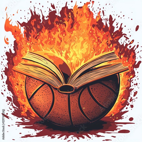 A dynamic illustration combining basketball and literature, featuring a burning book over a basketball. This creative artwork symbolizes the fusion of sports and knowledge.