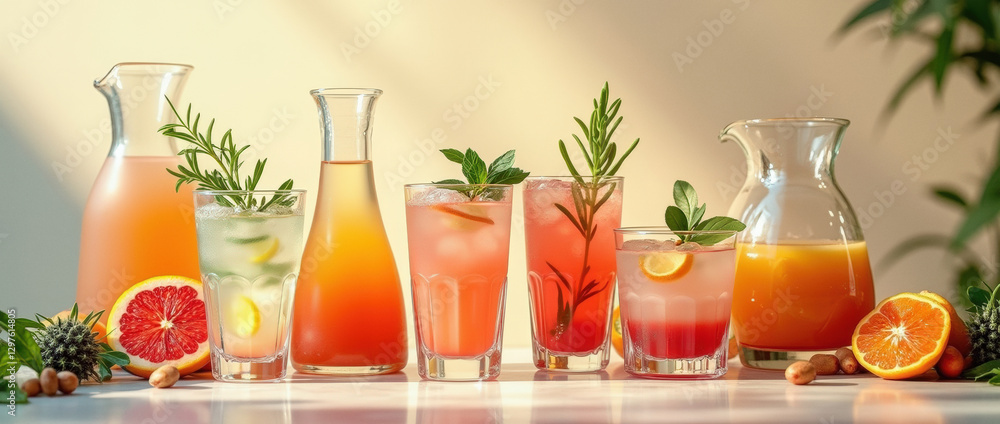 Fototapeta premium Refreshing summer drinks and cocktails in colorful glasses