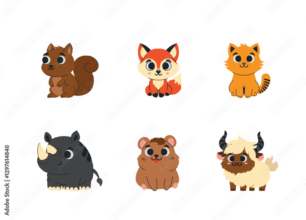 Fototapeta premium Wild and Domestic Animals Set — Squirrel, Fox, Cat, Rhino, Hamster, and Yak Illustrations
