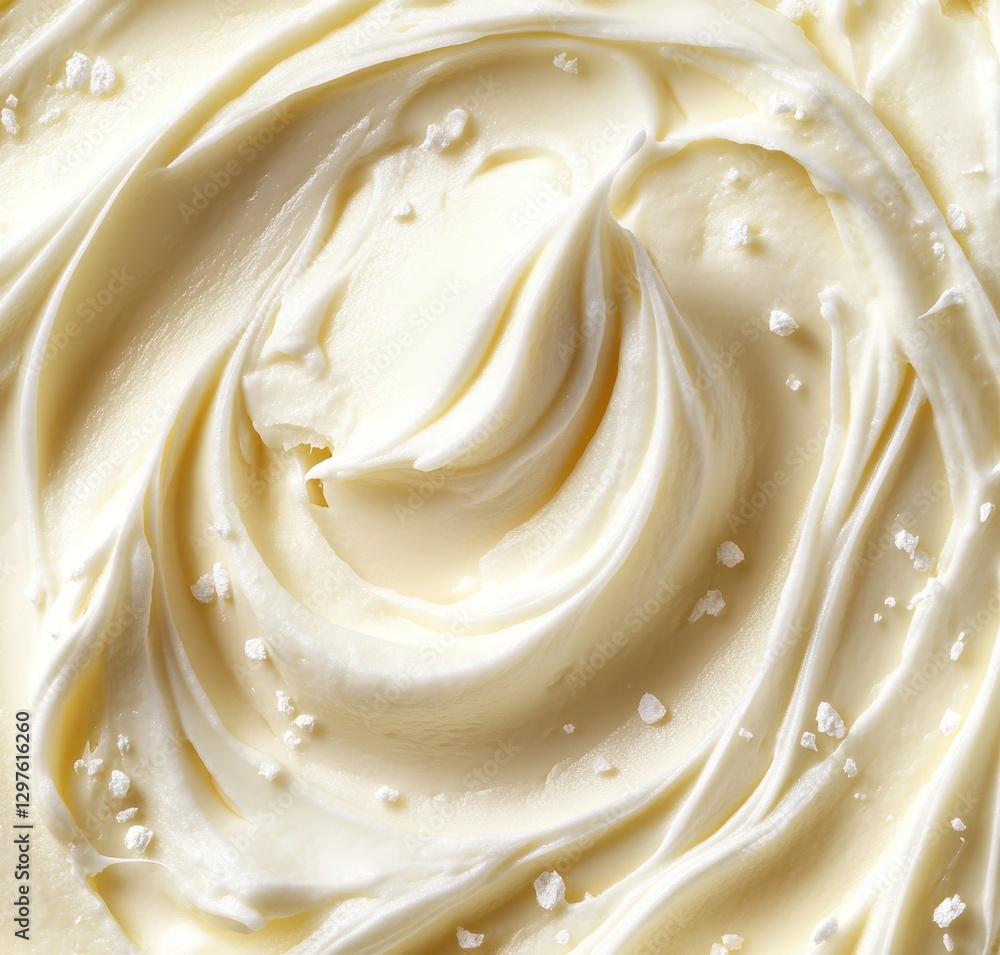Close-up of Smooth Creamy Butter with a Swirled Texture and Sea Salt Crystals for Culinary Inspiration and Food Presentation Ideas Close-up of Smooth Creamy Butter with a Swirled Texture and Sea Salt Crystals for Culinary Inspiration and Food Presentation Ideas