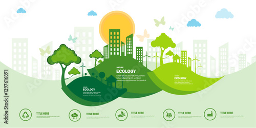 Net zero ecology concept of green life with natural environment city, tree, renewable energy sustainability, recycling