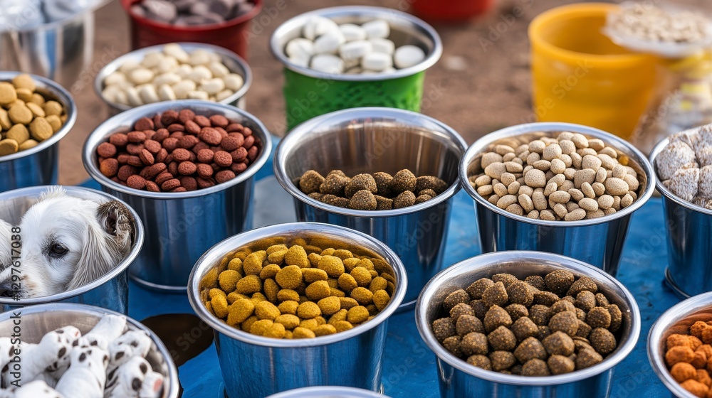 Colorful Variety of Pet Food in Metallic Bowls on a Vibrant Table Colorful Variety of Pet Food in Metallic Bowls on a Vibrant Table