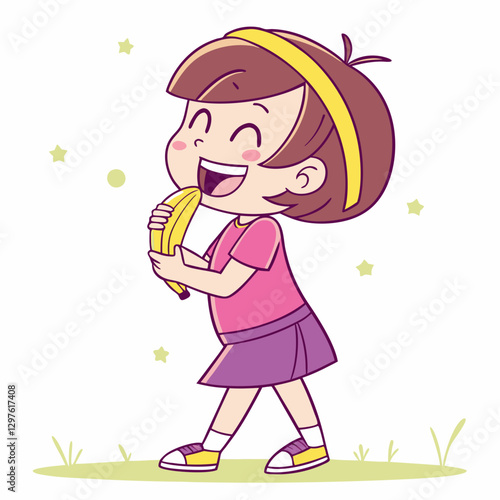 Cheerful girl enjoying a banana snack on a white isolated background scene