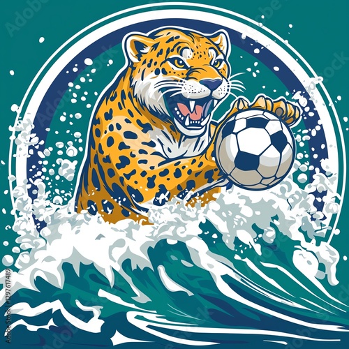 A dynamic illustration of a fierce leopard playing soccer in ocean waves, showcasing energy and enthusiasm for sports, perfect for themes of wildlife and athleticism.