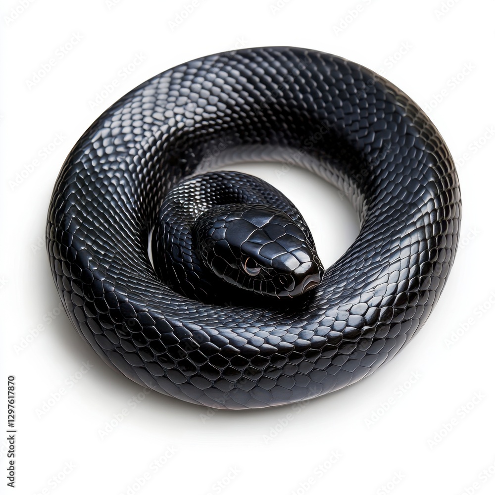 Fototapeta premium Close up view of a coiled black snake on a white background. The snake's scales are visible, and its head is slightly raised