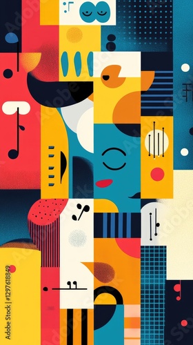 A Colorful Geometric Collage Depicting Musical Instruments And Forms