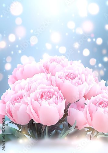 Bouquet of pink flowers is displayed on a blue background. The flowers are arranged in a way that they appear to be floating, giving the impression of a dreamy, ethereal atmosphere
