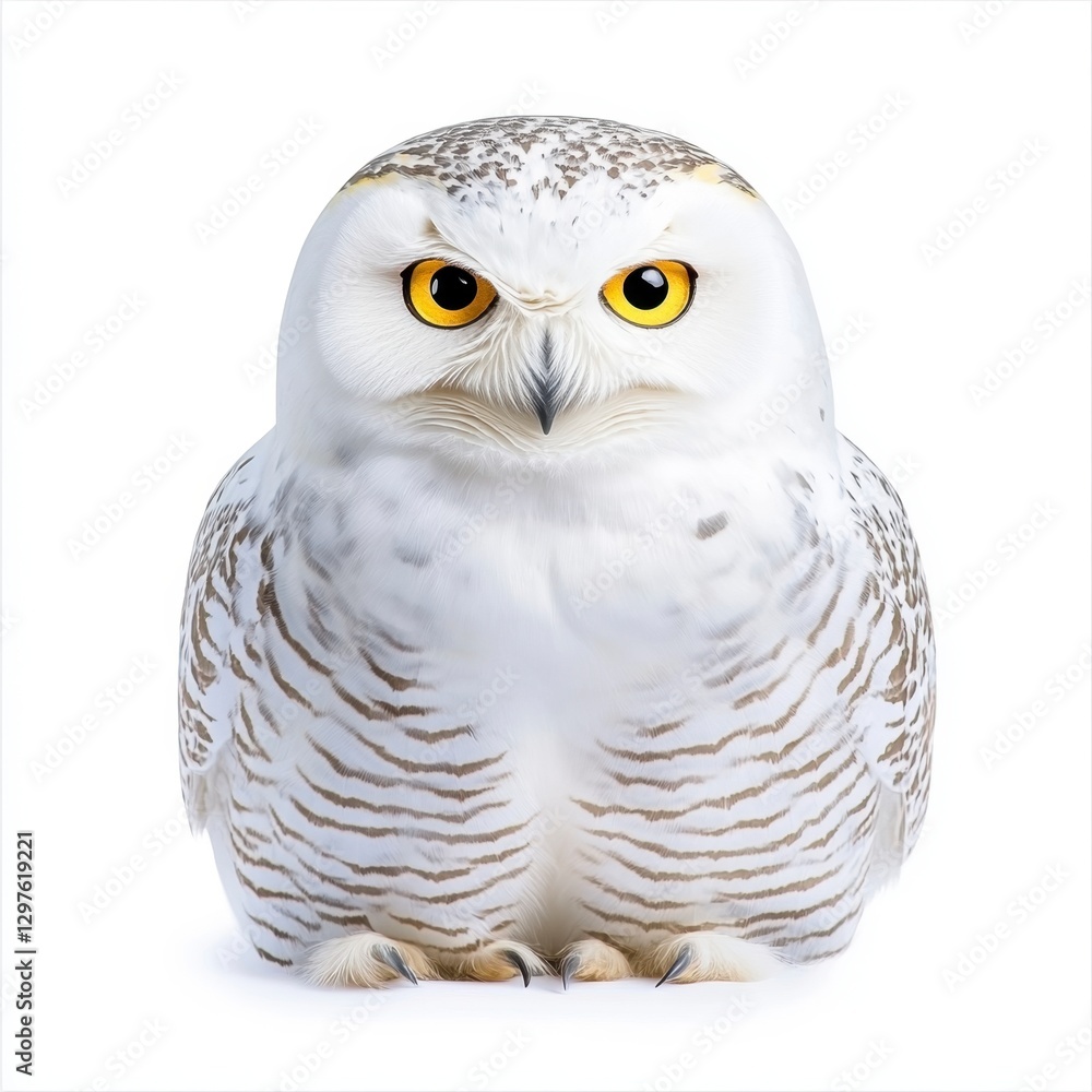 Naklejka premium Close up of a snowy owl with intense yellow eyes against a white background. The owl's plumage is predominantly white with subtle gray and brown