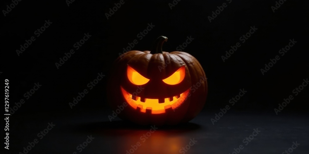 Illuminated Halloween Jack-o'-lantern with menacing grin on dark background, perfect for autumnal celebrations and spooky festivities. Illuminated Halloween Jack-o'-lantern with menacing grin on dark background, perfect for autumnal celebrations and spooky festivities.