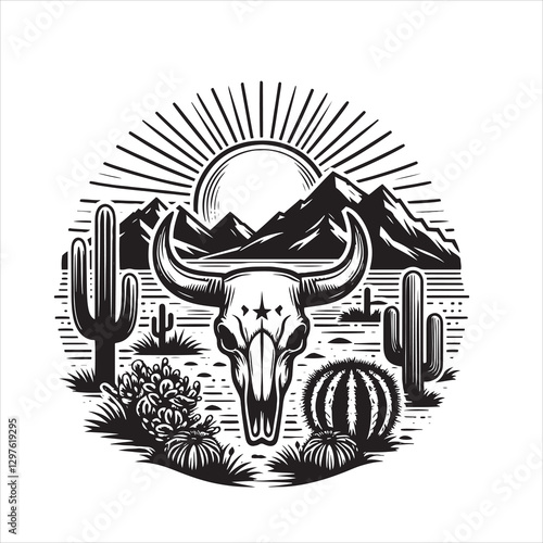 vector bull skull, cacti, mountains, and a setting sun t-shirt