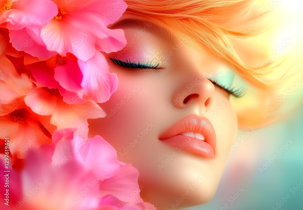 Close-up of a beautiful woman with long eyelashes and pink lips, colorful flower petals in the background, bright light and pastel colors, high-resolution photography Close-up of a beautiful woman with long eyelashes and pink lips, colorful flower petals in the background, bright light and pastel colors, high-resolution photography