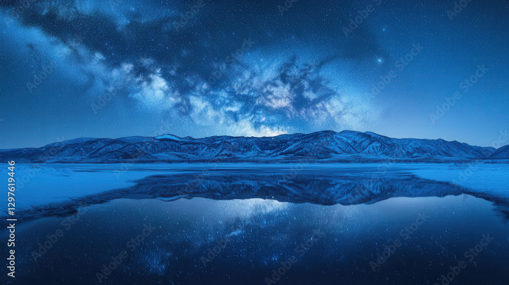 Naklejka premium Mountains and lakes, the reflection of the Milky Way on the surface of the lake