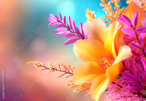 Beautiful, colorful flowers and pink hair in the background, with pastel colors, a blurred background, soft light, a bokeh effect, close-up