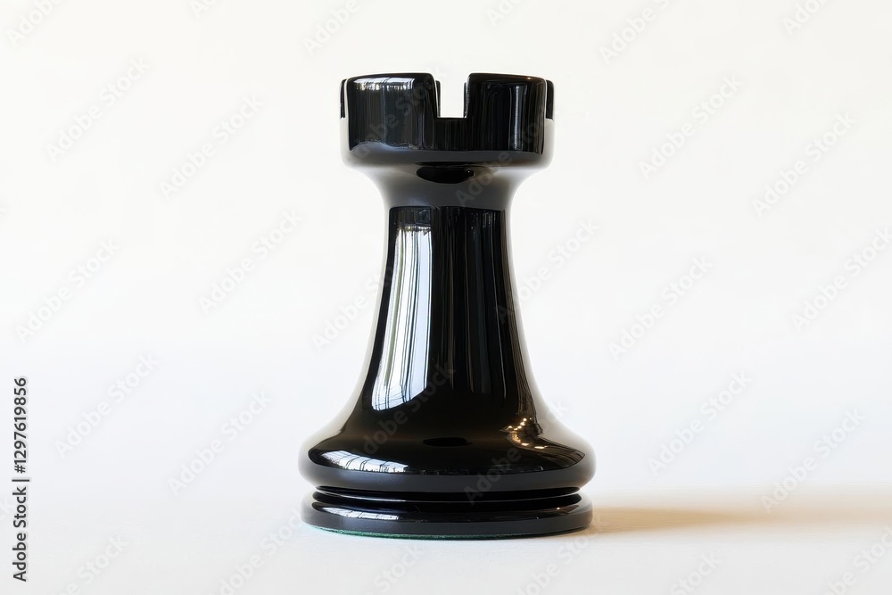 glossy black chess rook standing tall against a white background sharp edges catching gentle light deep shadows bold and strategic game piece artistry glossy black chess rook standing tall against a white background sharp edges catching gentle light deep shadows bold and strategic game piece artistry