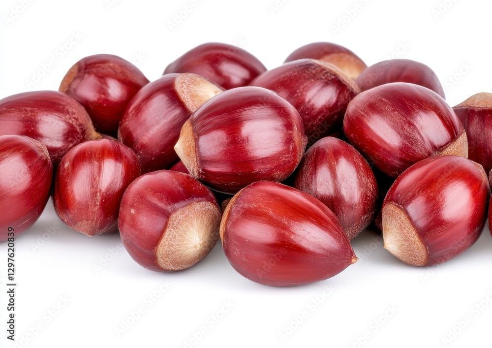 Pile of shiny, dark red chestnuts with light brown patches on a white background. Close up view showcasing texture and natural light Pile of shiny, dark red chestnuts with light brown patches on a white background. Close up view showcasing texture and natural light