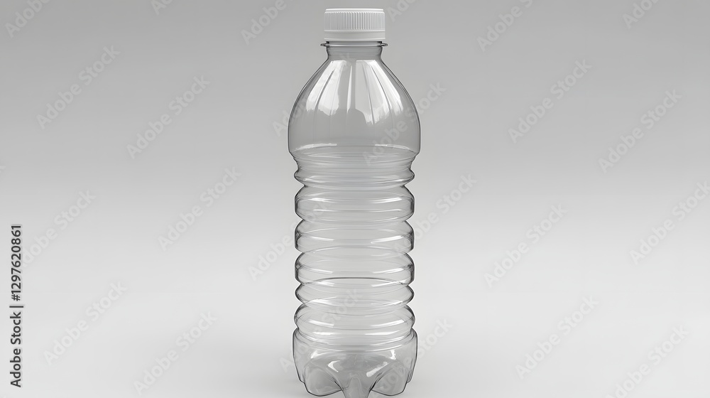 Clear plastic water bottle standing upright on a neutral background with soft lighting Clear plastic water bottle standing upright on a neutral background with soft lighting
