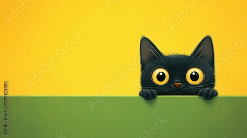A Curious Black Cat Peering Over A Green Surface