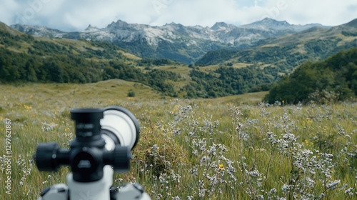 Spotting scope positioned in a grassy mountain meadow with wildflowers looking towards distant peaks under a cloudy sky.