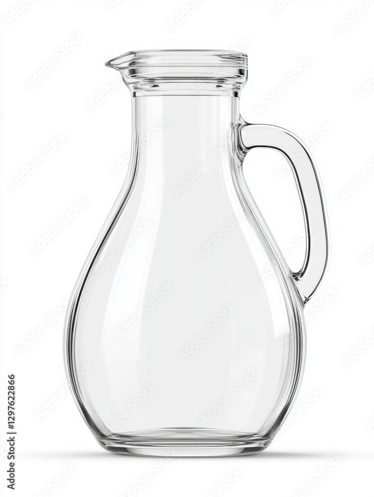 Clear glass pitcher with a curved body and a handle, isolated on a white background. Perfect for serving beverages or as a decorative element Clear glass pitcher with a curved body and a handle, isolated on a white background. Perfect for serving beverages or as a decorative element