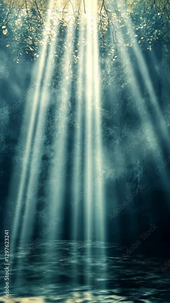 Sunlight beams through forest canopy, mystical underwater scene Sunlight beams through forest canopy, mystical underwater scene