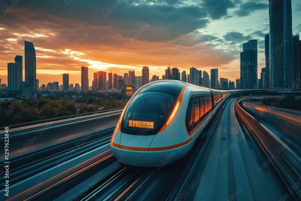 Naklejka premium A high speed futuristic train travels through a cityscape at sunset