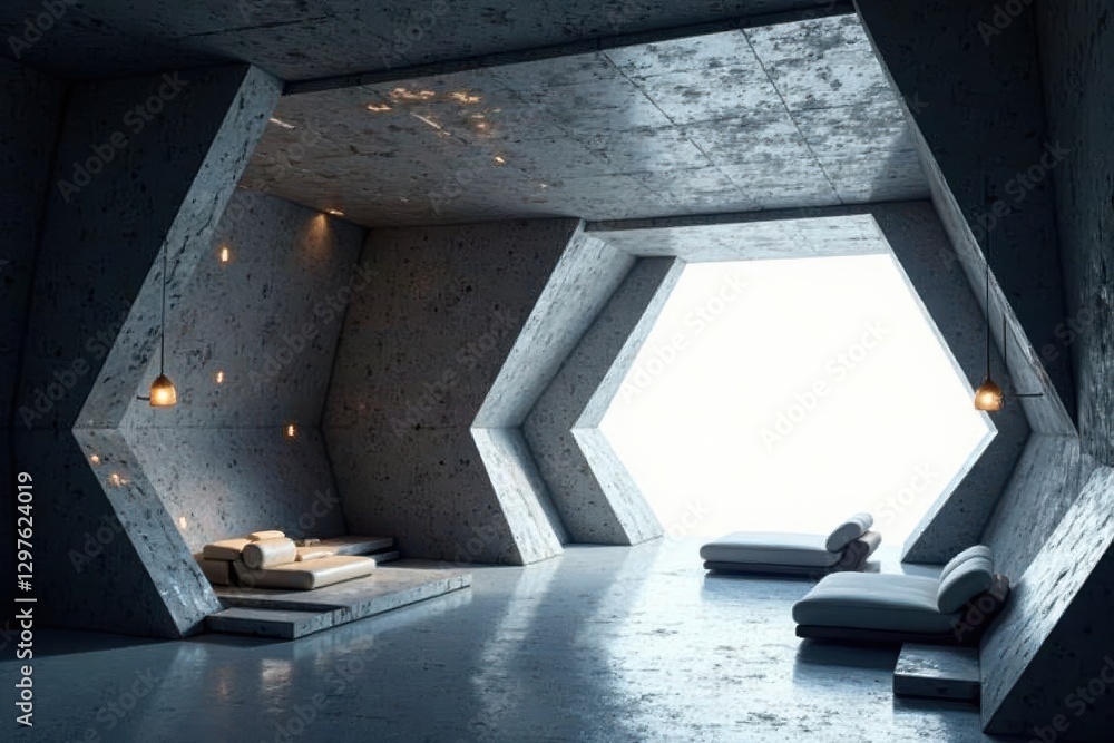 Obraz premium Modern Concrete Architecture Interior Design with Minimalist Furniture and Bright Open Space