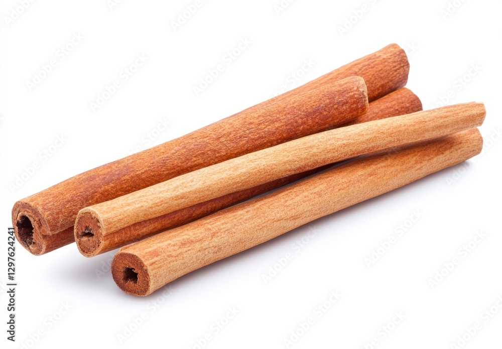 Close up view of several brown cinnamon sticks arranged on a white background. The sticks show texture and subtle variations in color and shape Close up view of several brown cinnamon sticks arranged on a white background. The sticks show texture and subtle variations in color and shape