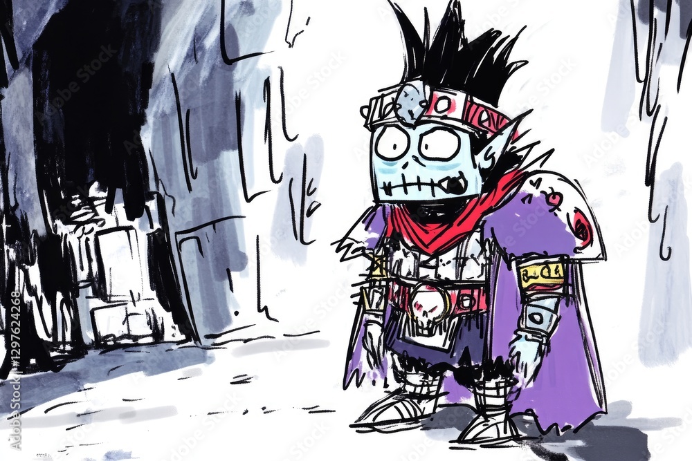 Fototapeta premium A cartoon drawing of a goblin like fantasy character standing