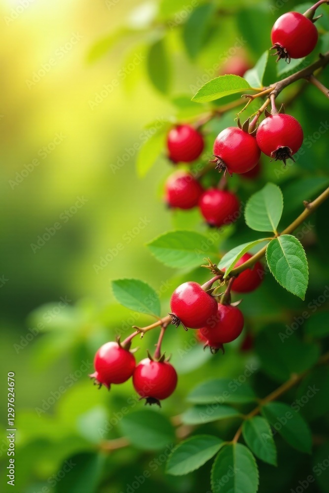 Lush Green Foliage Abundantly Bearing a Cluster of Vibrant Red Berries on a Sunny Day Lush Green Foliage Abundantly Bearing a Cluster of Vibrant Red Berries on a Sunny Day