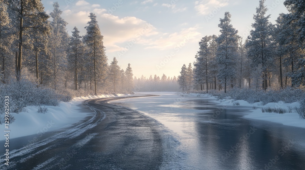 Winter road winding through snow-covered forest, icy river alongside, sunlit scene Winter road winding through snow-covered forest, icy river alongside, sunlit scene