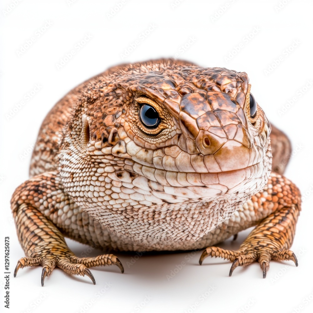 Fototapeta premium Close up of a brown lizard against a white background. The lizard has textured skin and dark markings. Its expression is somewhat curious
