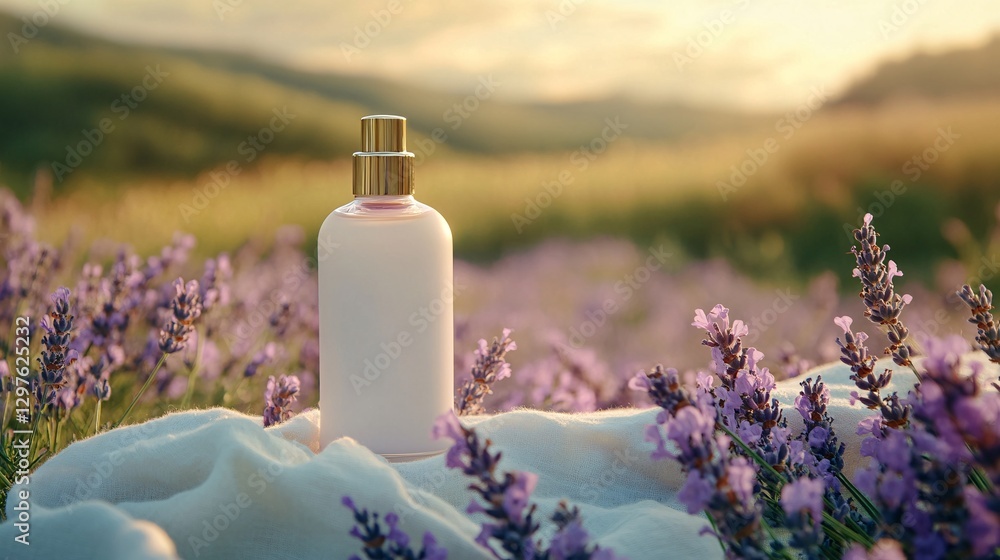 A perfume bottle rests amidst a vibrant field of lavender flowers A perfume bottle rests amidst a vibrant field of lavender flowers