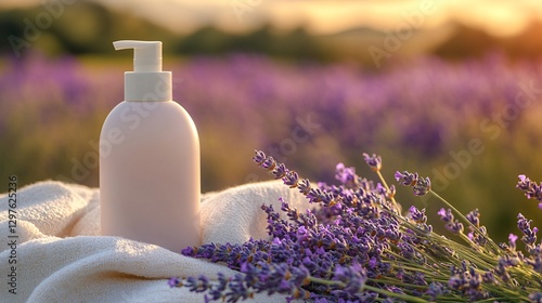 A white lotion bottle and lavender sprigs on a blanket